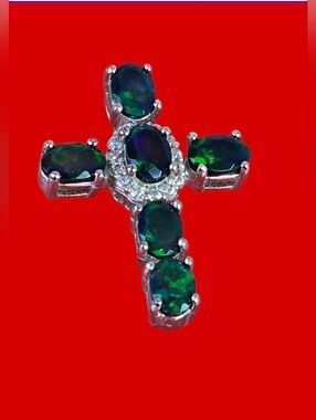 925 Sterling Silver Cross Pendant With Natural Black Opal & CZ